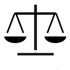 Black balance scale icon on a white background