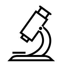 Black line drawing of a microscope on a white background