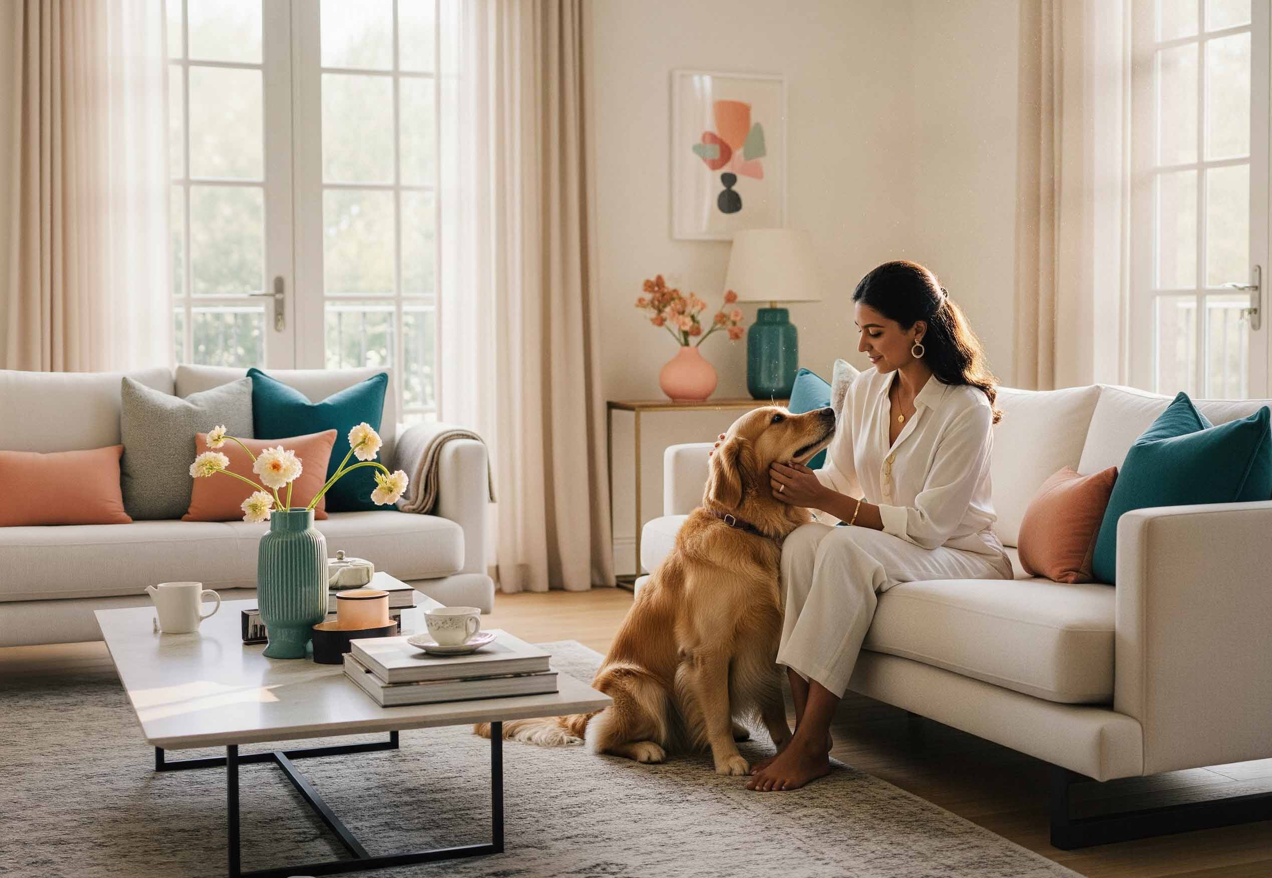Woman sitting on a couch with a dog in a bright living room