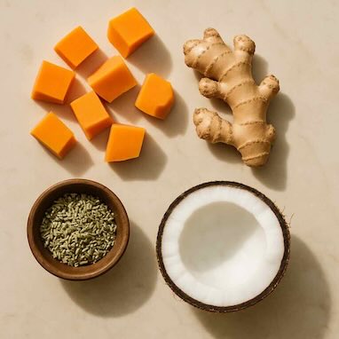 Ginger root, coconut pieces, and a bowl of spices on a beige background