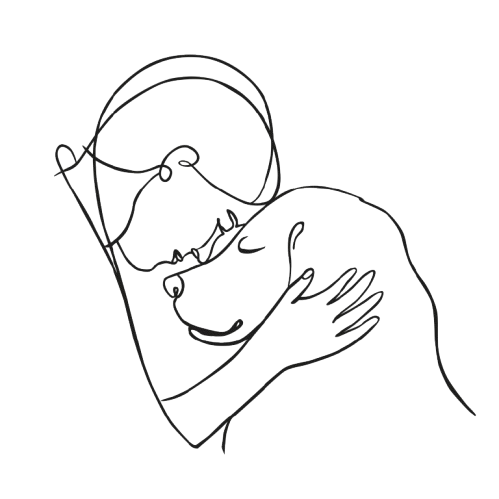 Simple line drawing of a person hugging another person on a white background