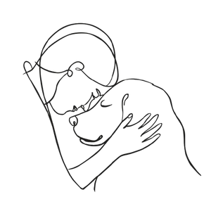 Simple line drawing of a person hugging another person on a white background