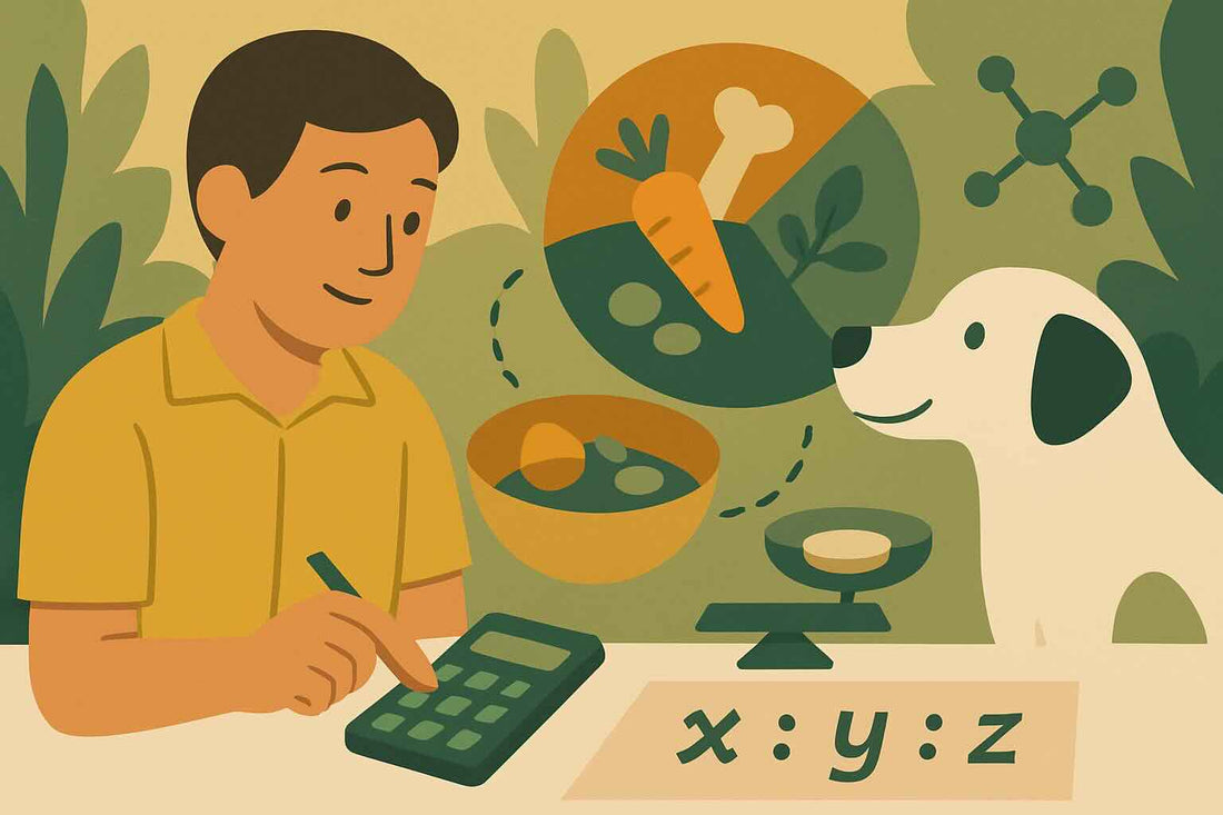 Illustration of a person using a calculator with a dog and plants in the background