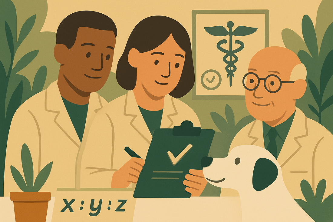 Illustration of three people in a medical setting with a dog, featuring a Caduceus symbol on the wall.