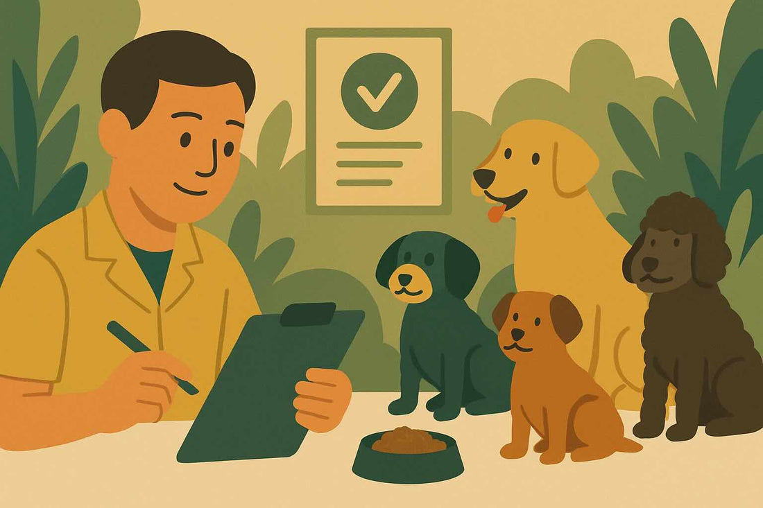Illustration of a person with a clipboard and four dogs in a room with plants.