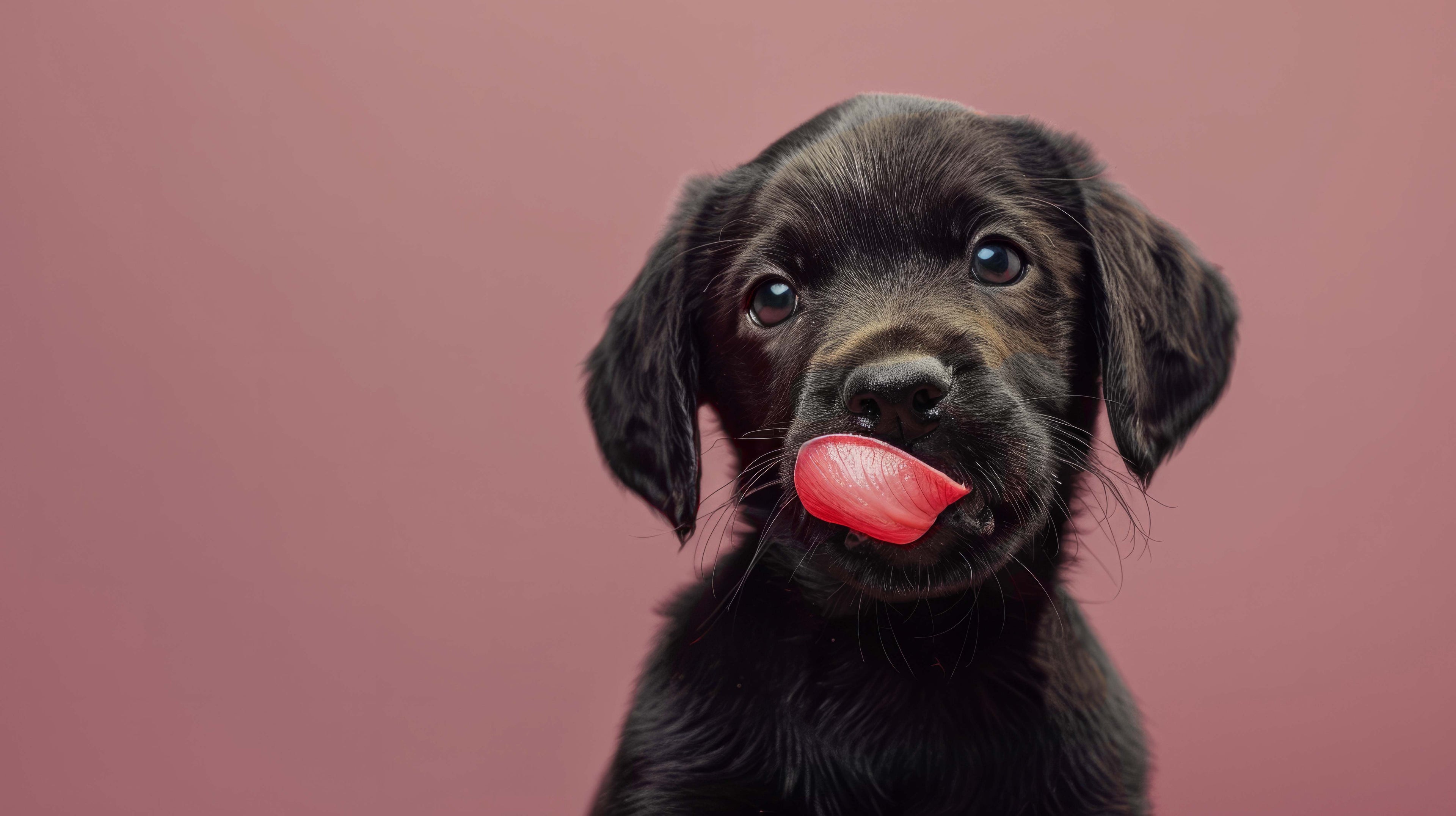 Black puppy with a red tongue on a pink background
