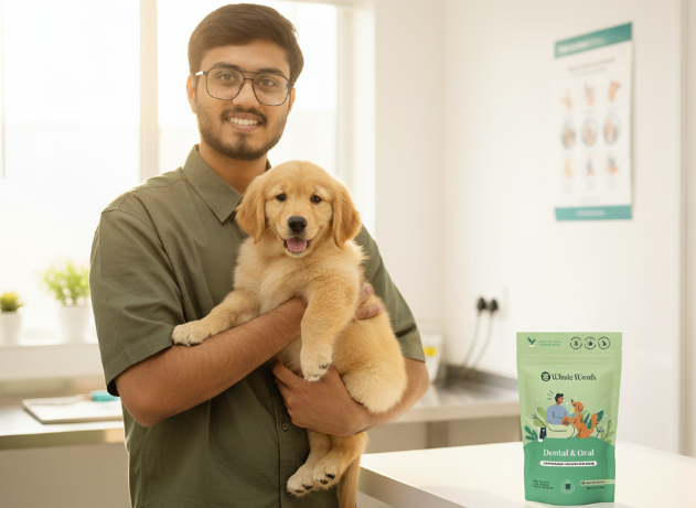 Person holding a puppy with a bag of pet food in a clinical setting, labeled 'Clinical Pet Nutritionist'.