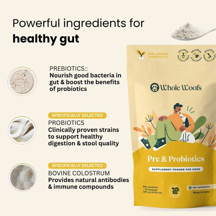 Whole Woofs pre and probiotics supplement package with ingredients listed on a beige background