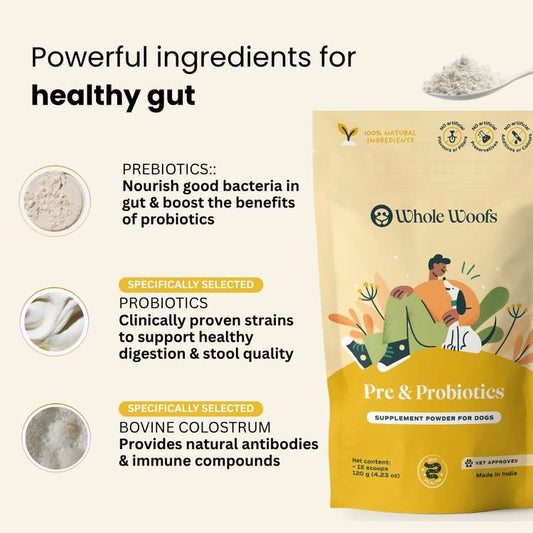 Whole Woofs pre and probiotics supplement package with ingredients listed on a beige background