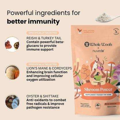Product packaging for 'Shroom Power' supplement powder with ingredients listed on a beige background