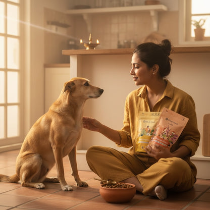 Woman sitting on the floor with a dog, holding pet food packages in a home setting.