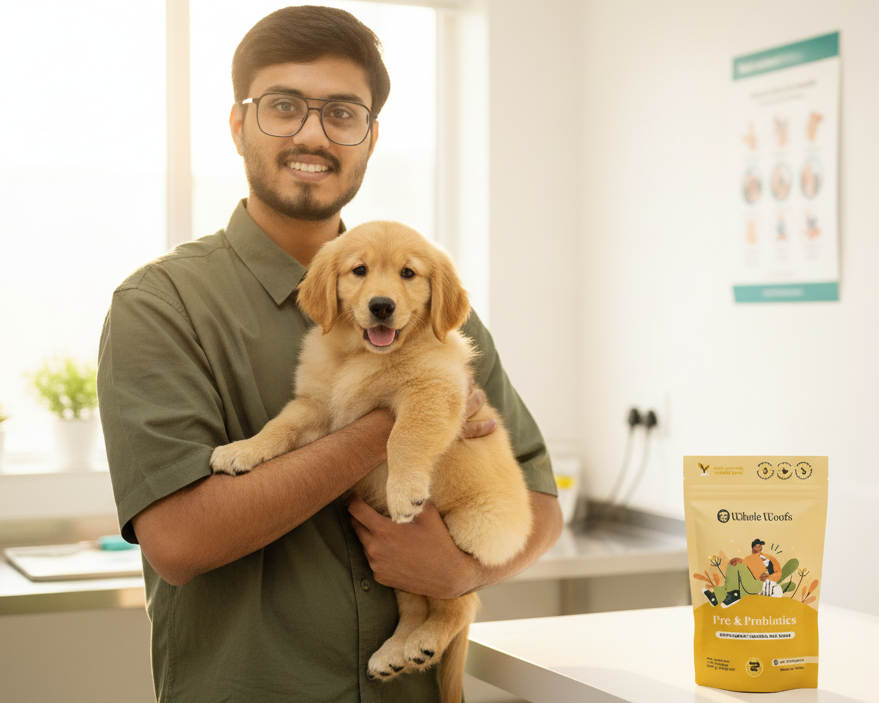 Person holding a puppy with a bag of pet food in a clinical setting, labeled 'Clinical Pet Nutritionist'.