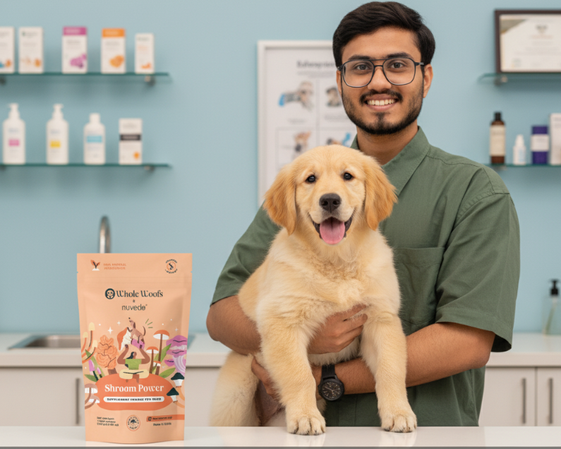 Veterinary professional holding a puppy with Whole Woofs dog mushroom supplement package in a clinic setting